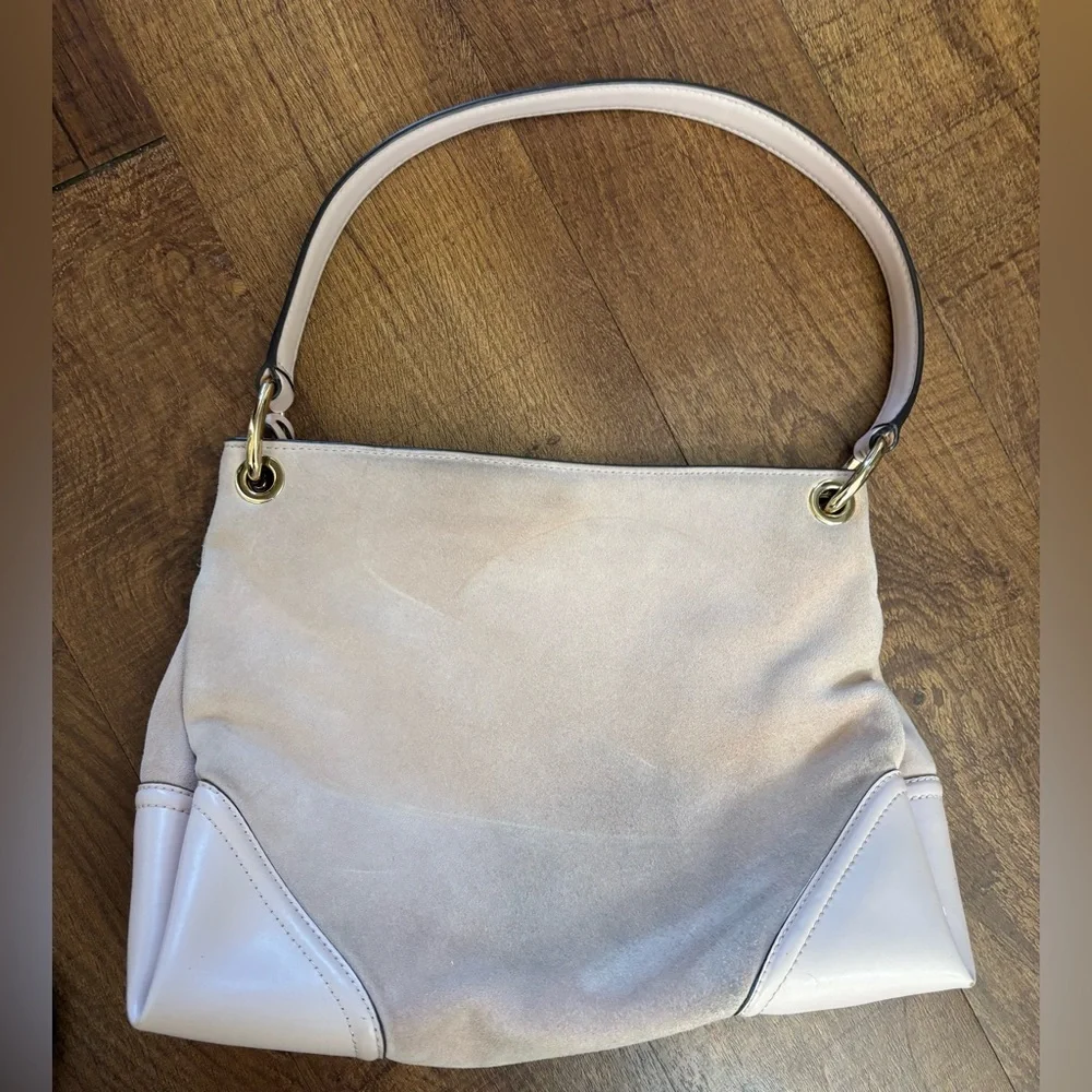 Michael Kors Nicole Medium Shoulder Bag Beige gold hardware leather suede